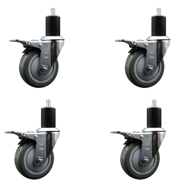 4'' Gray Poly Swivel 1-3/4'' Expanding Stem Caster Set Total Lock Brake, 4PK